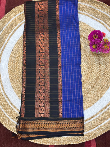 Kalyani checkered Silk Cotton Sari Indian Saree Blue & Black S6