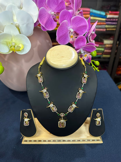 Indian Victorian Polish Peacock Brass Necklace & Earrings Jewellery Set N74