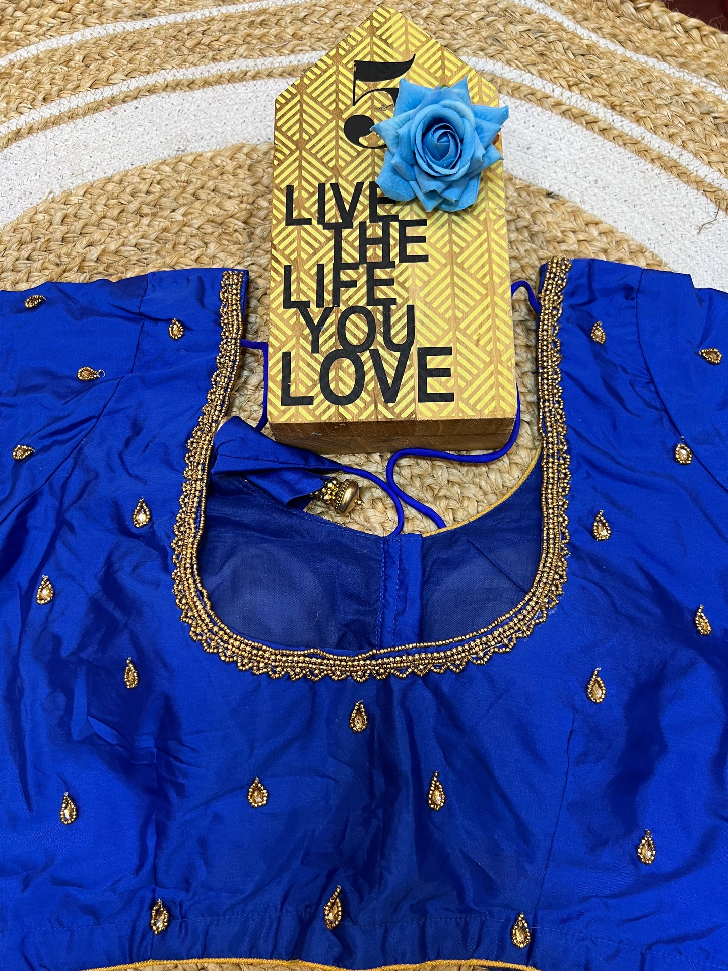 40” Aari hand Worked Sari Blouse Indian Top Choli Silk Royal Blue B34