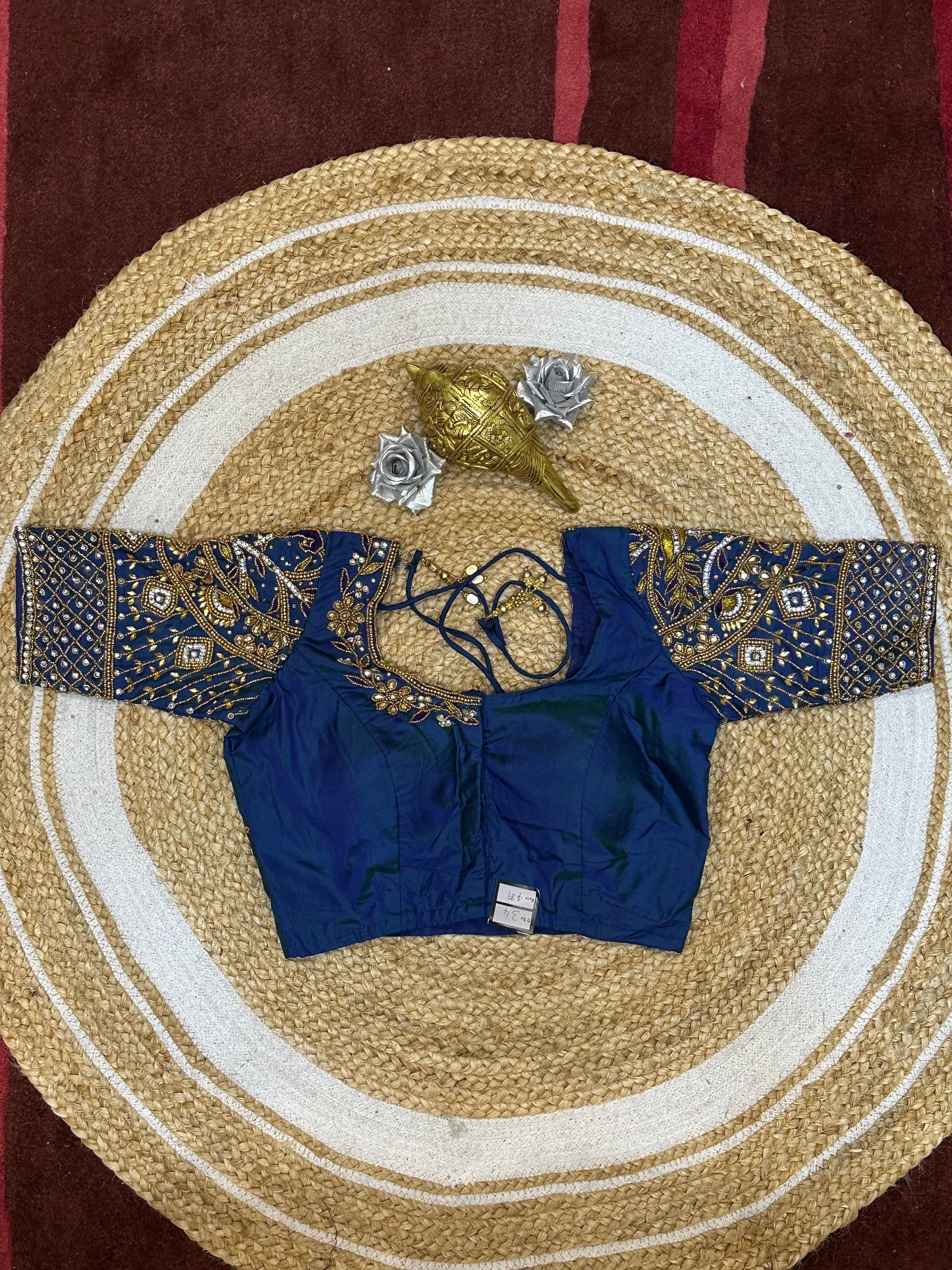 34” XS Aari Worked Sari Blouse Indian Saree Top Silk Blue B110