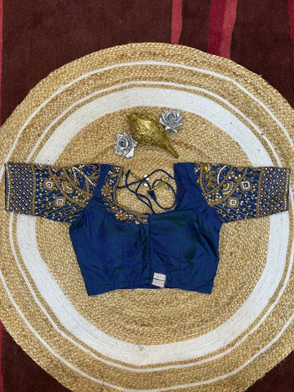 34” XS Aari Worked Sari Blouse Indian Saree Top Silk Blue B110