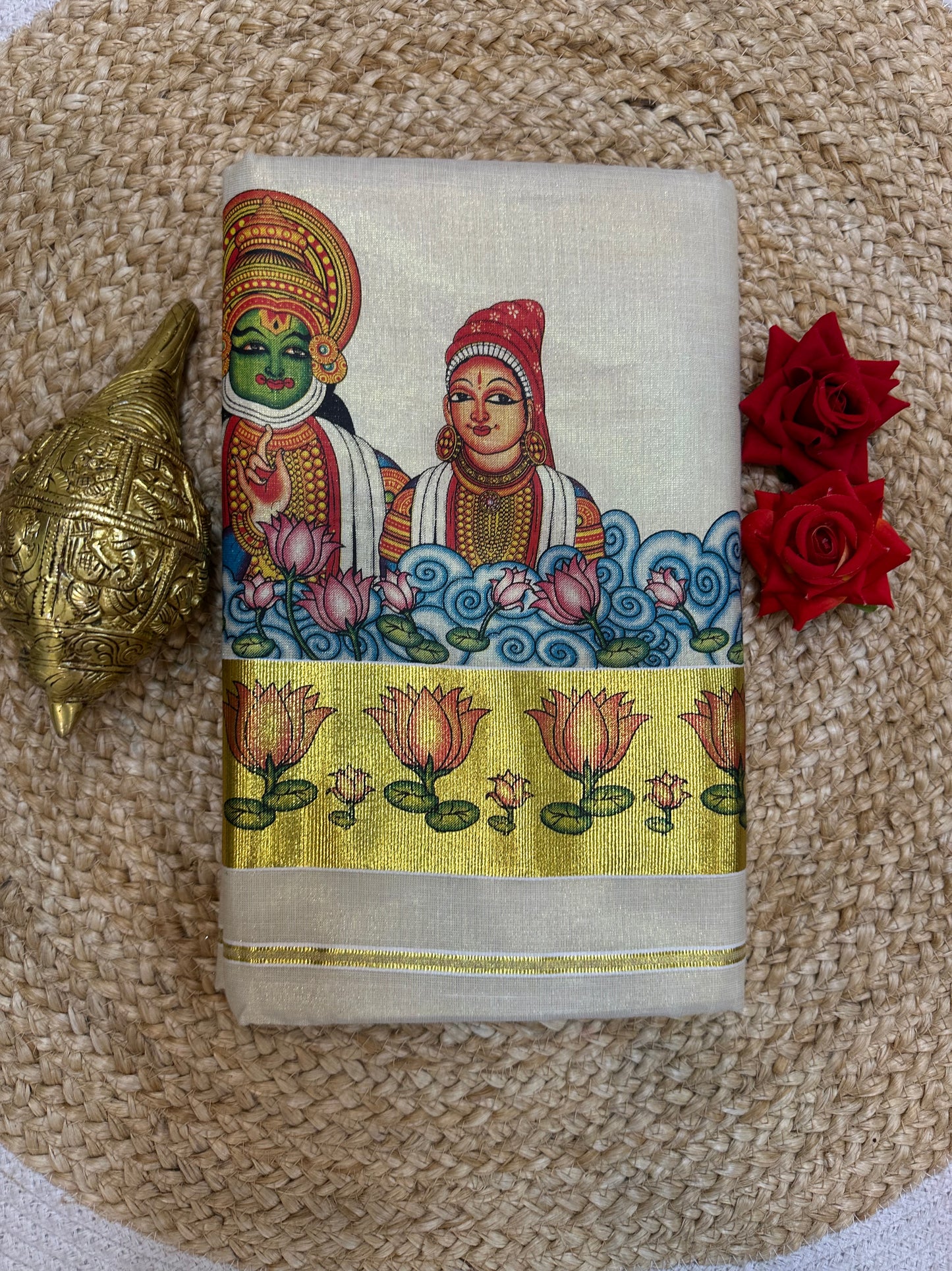 Kerala Vishu Sari Indian Cream Tissue hand Printed Onam Saree C7 - Col 4
