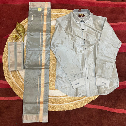Silver Grey Men’s South Indian Vesti Shirt Combo Silk vetti Dhotti V16