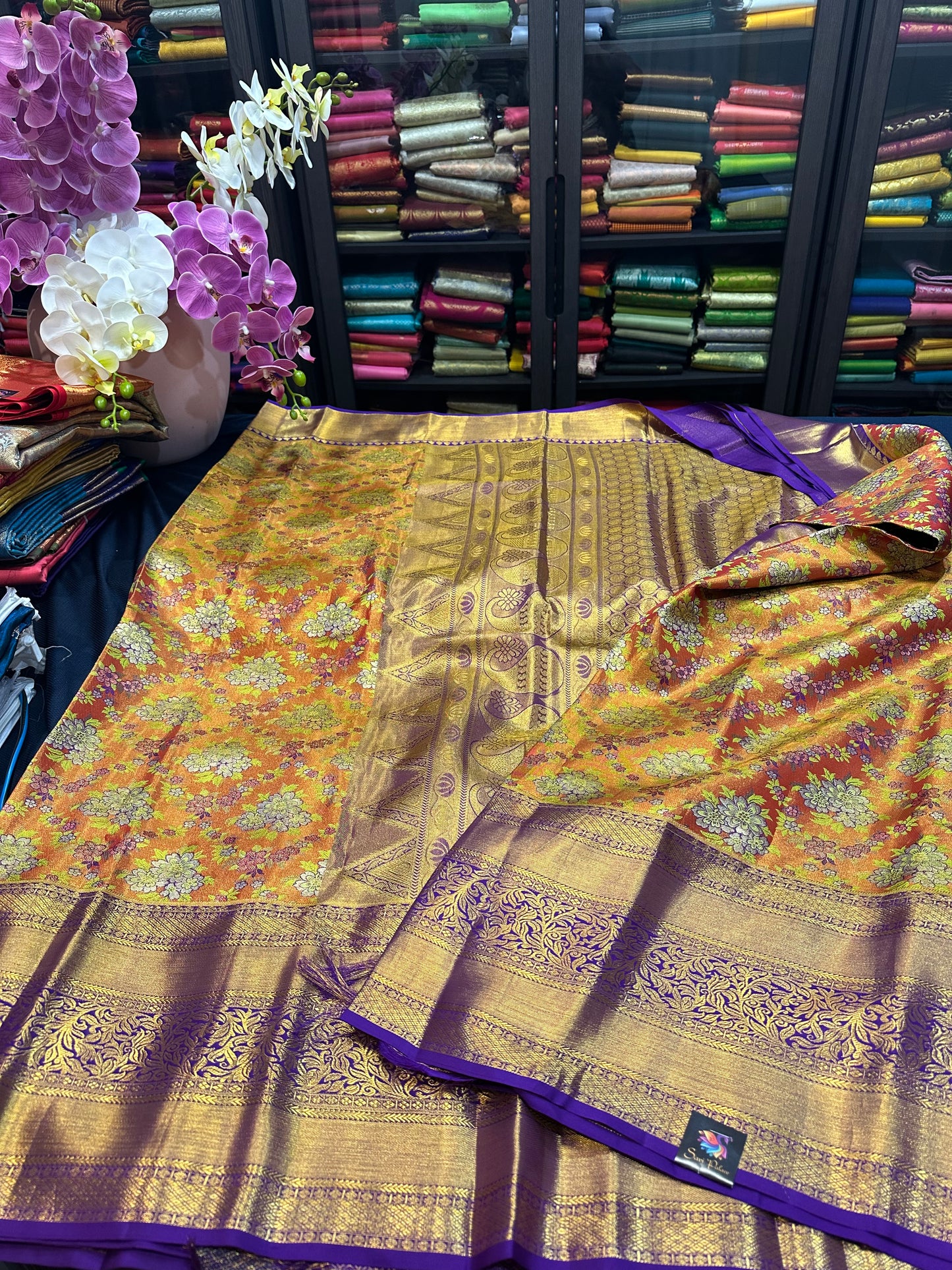 Kanchipuram Pure Silk Bridal Tissue Saree Indian Kanjivaram Floral Sari SPK385