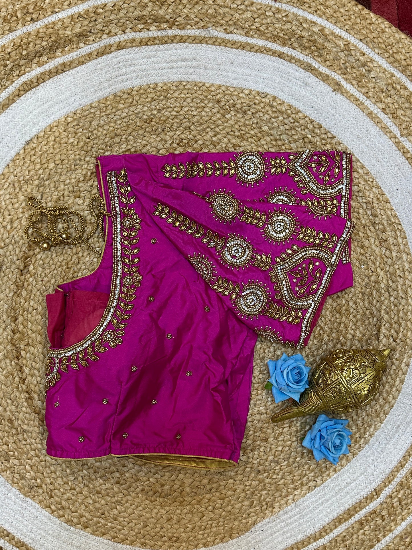 46” Size 16 Aari Worked Sari Blouse Indian Saree Top Silk Rani Pink B196