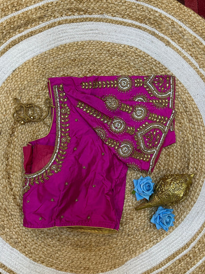 46” Size 16 Aari Worked Sari Blouse Indian Saree Top Silk Rani Pink B196