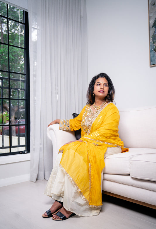 Yellow Cream Indian Pakistani Outfit Indo western Salwar Kameez Sharara Suit EID C2