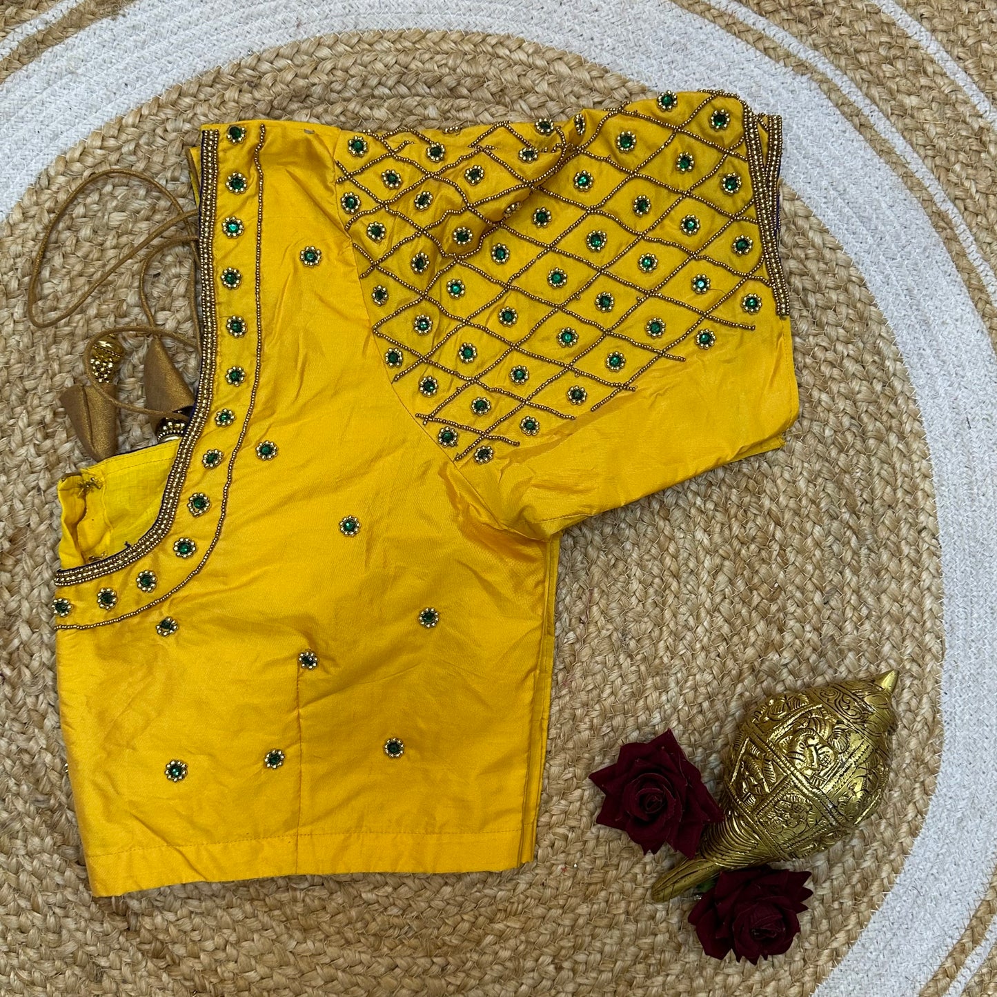 44” Size 14 Aari Worked Sari Blouse Indian Saree Top Silk Yellow B255