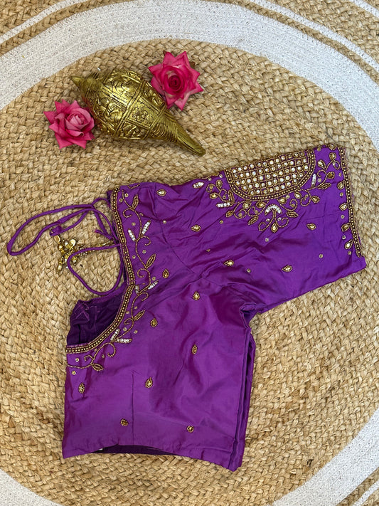 40” Size 10 Aari Worked Sari Blouse Indian Saree Top Silk Lavender B93