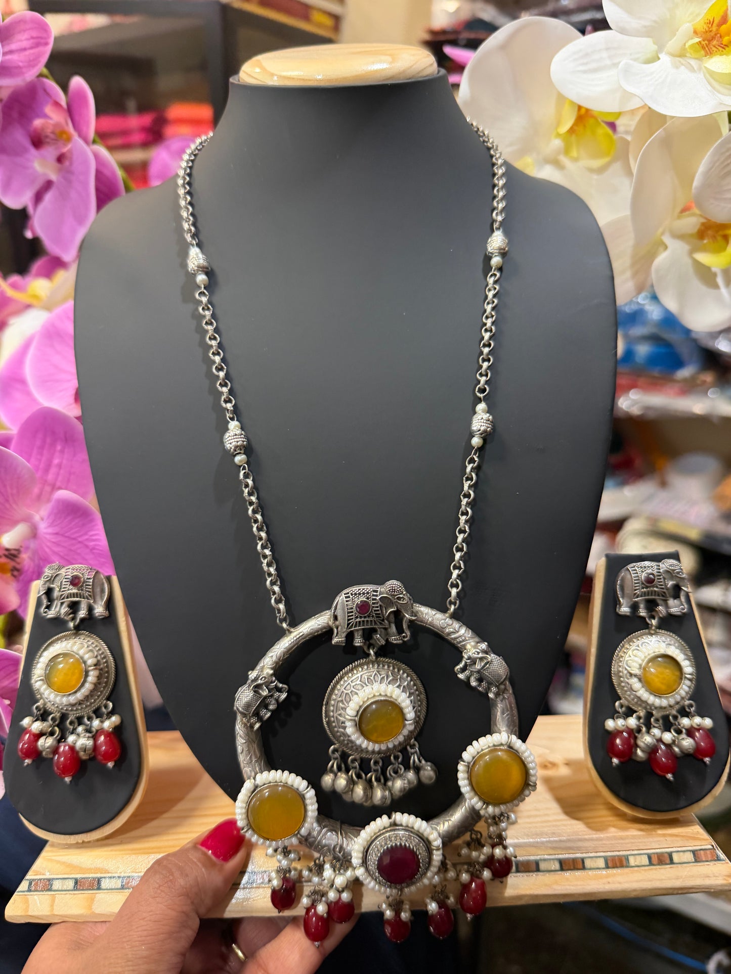 Handmade Brass Necklace with Silver polish Indian Tribal Mustard Maroon  Jewelry N90