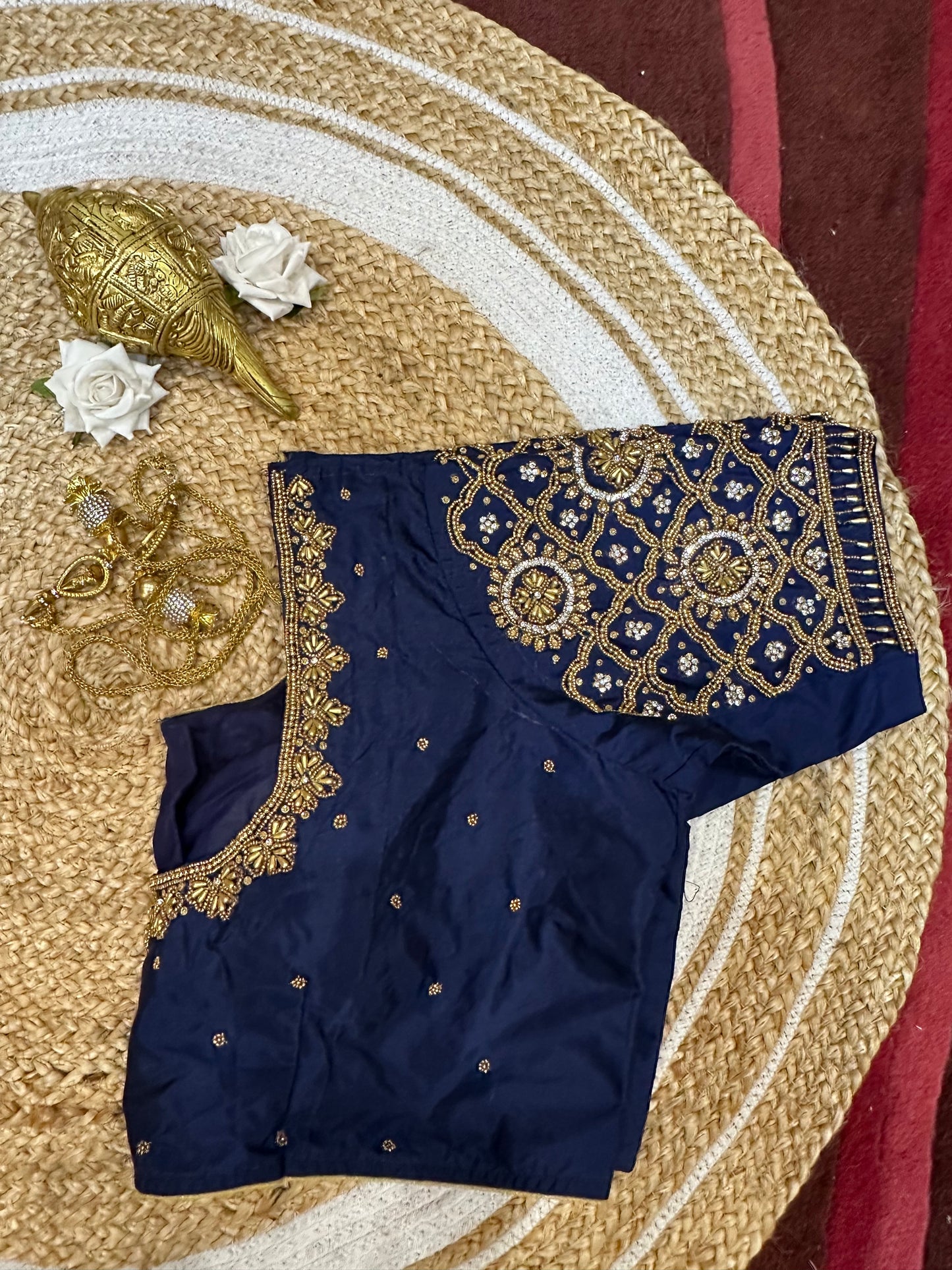 50” Size 20 Aari Worked Sari Blouse Indian Saree Top Silk Blue B62