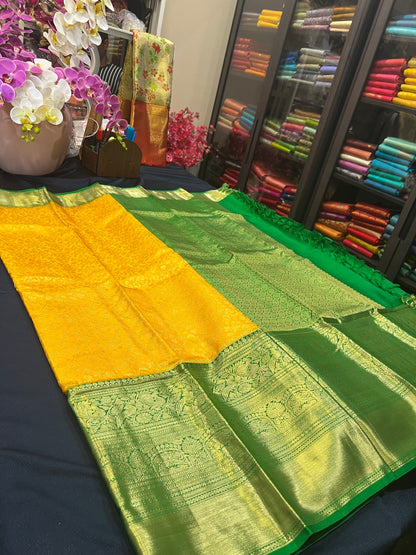 Kanchipuram Pure Silk Saree Yellow & Green Kanjivaram Sari| SPK087