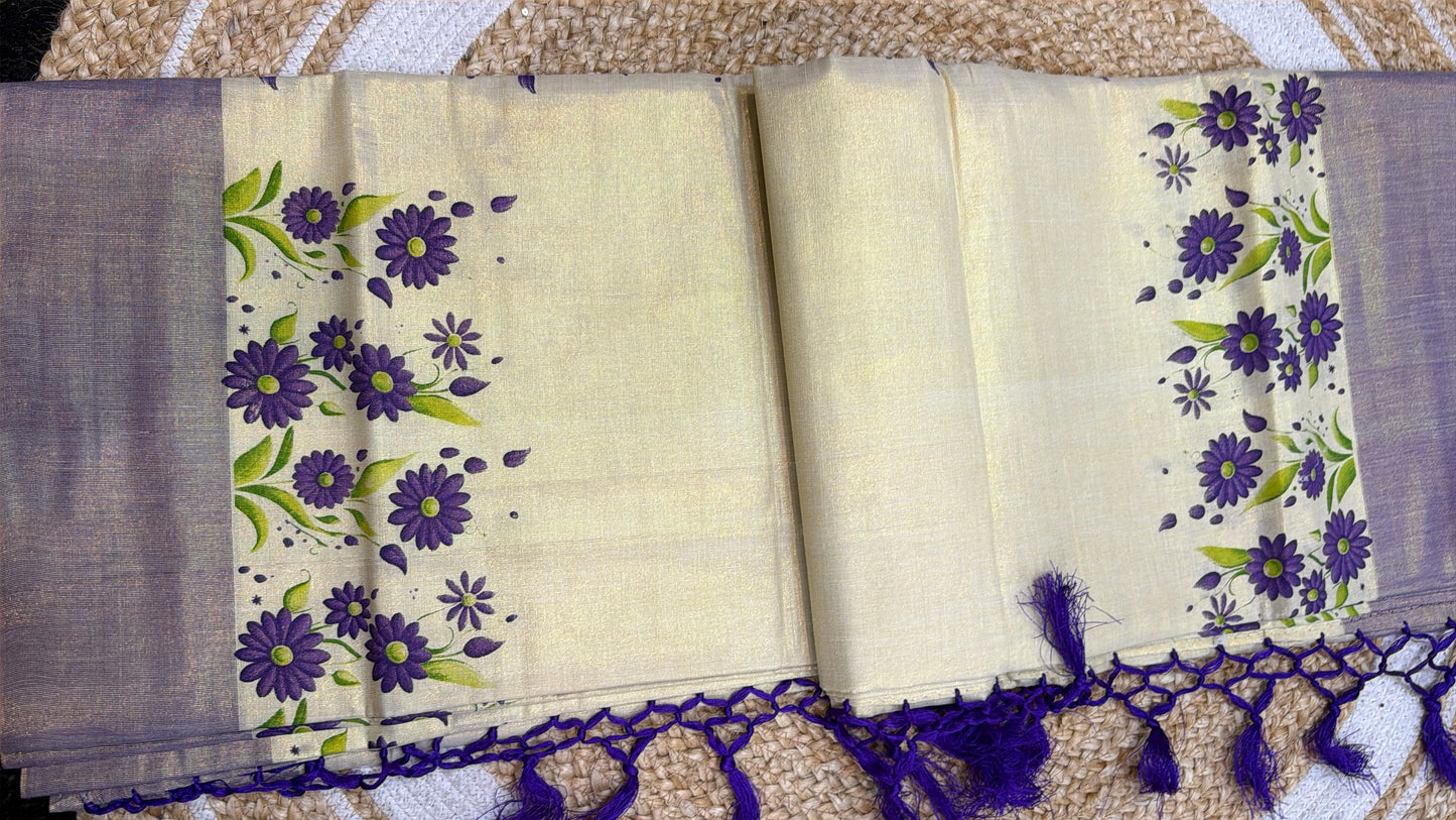 Purple Kerala Vishu Sari Indian Cream Tissue hand Printed Onam Saree C16