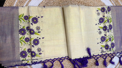 Purple Kerala Vishu Sari Indian Cream Tissue hand Printed Onam Saree C16