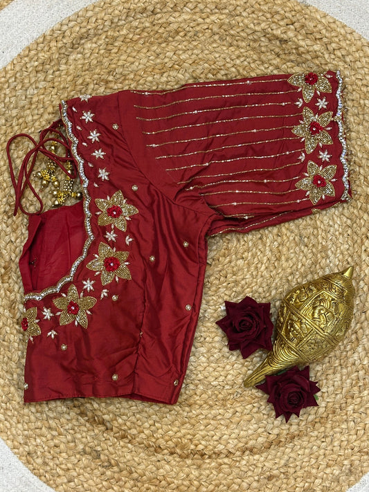36” Small size Aari Worked Sari Blouse Indian Saree Maroon Red B214