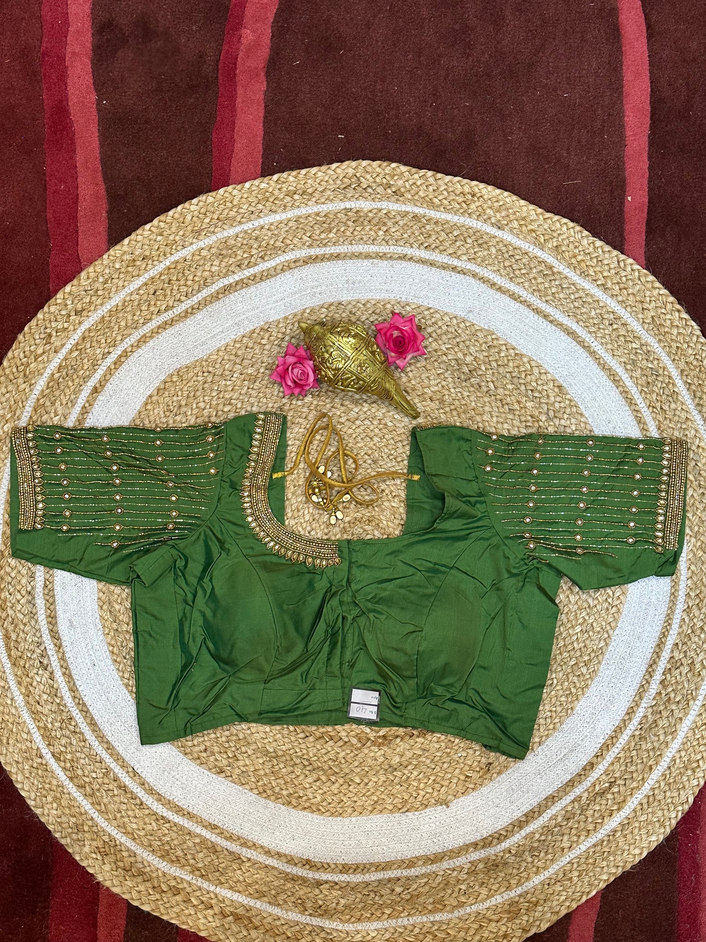 40” Size 10 Aari Worked Sari Blouse Indian Saree Top Silk Green B97