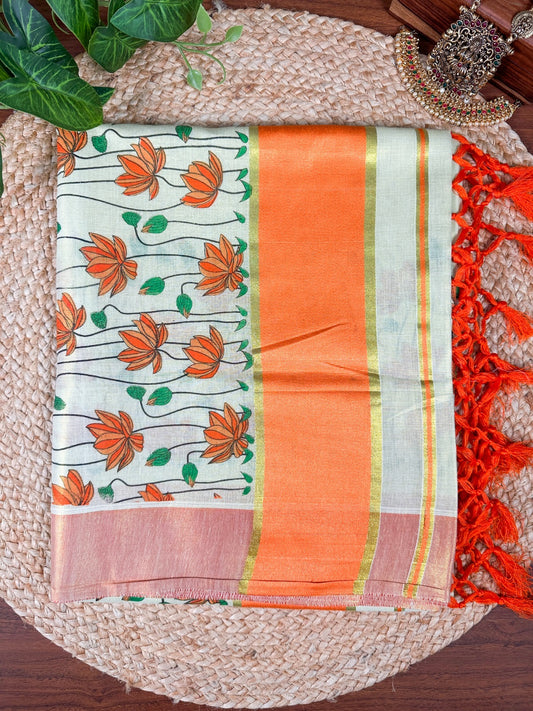 Orange Lotus Kerala Vishu Sari Indian Onam Tissue hand Painted Saree C10