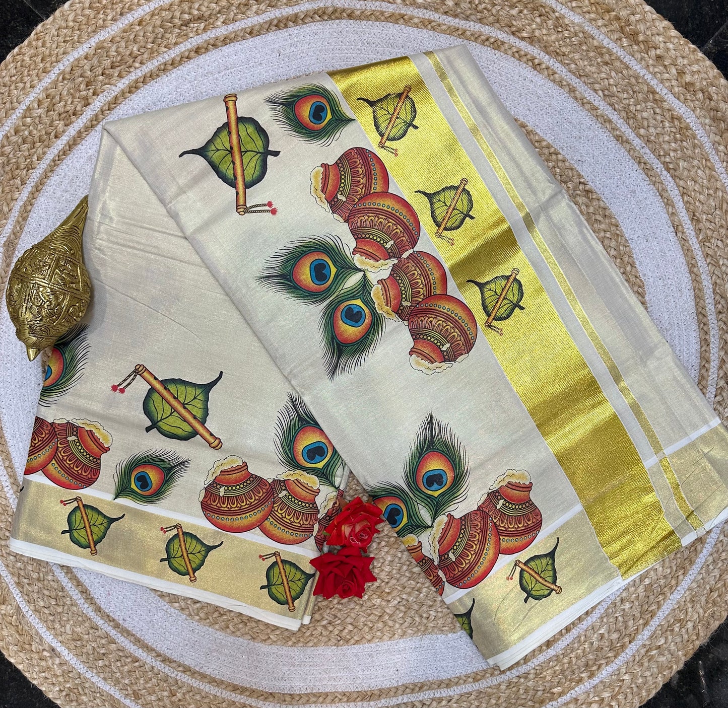 Kerala Vishu Sari Indian Cream Tissue hand Printed Onam Saree C7 - Col 6