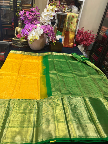 Kanchipuram Pure Silk Saree Yellow & Green Kanjivaram Sari| SPK087