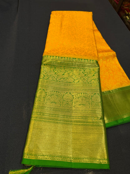Kanchipuram Pure Silk Saree Yellow & Green Kanjivaram Sari| SPK087