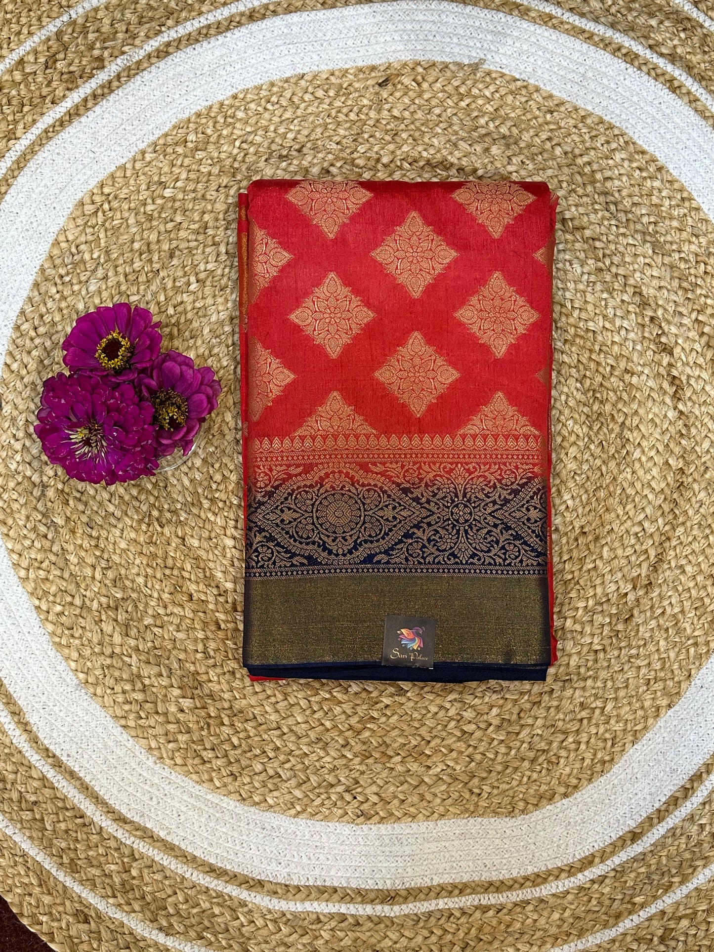 Bangalore Silk Sari Indian Fancy Saree Red & Blue S71