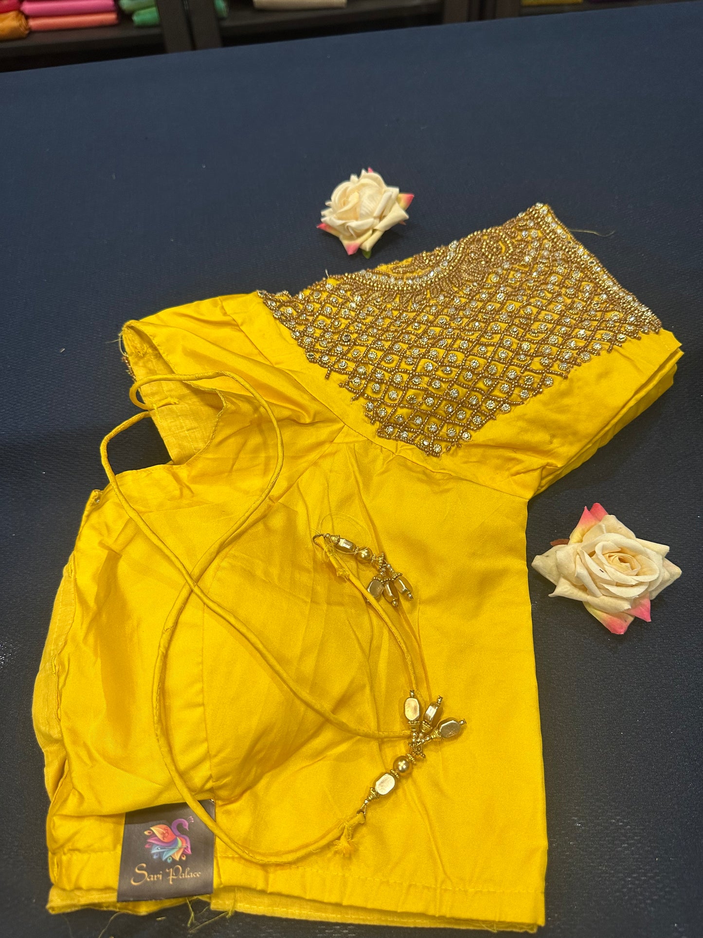 40” Aari hand Worked Sari Blouse Indian Top Choli Silk Yellow B21