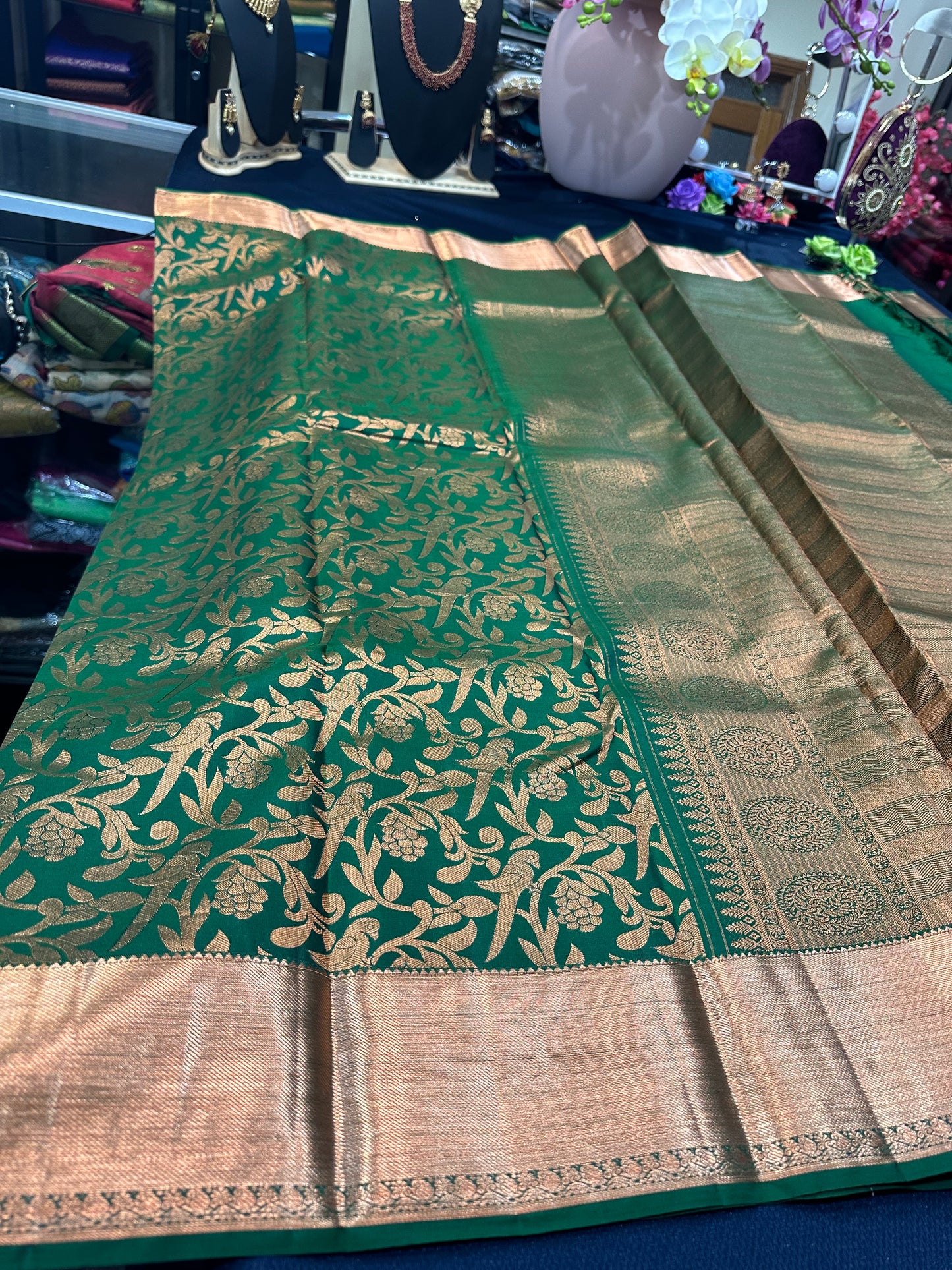Kanchipuram Pure Silk Saree Green & Copper Kanjivaram Sari| SPK129