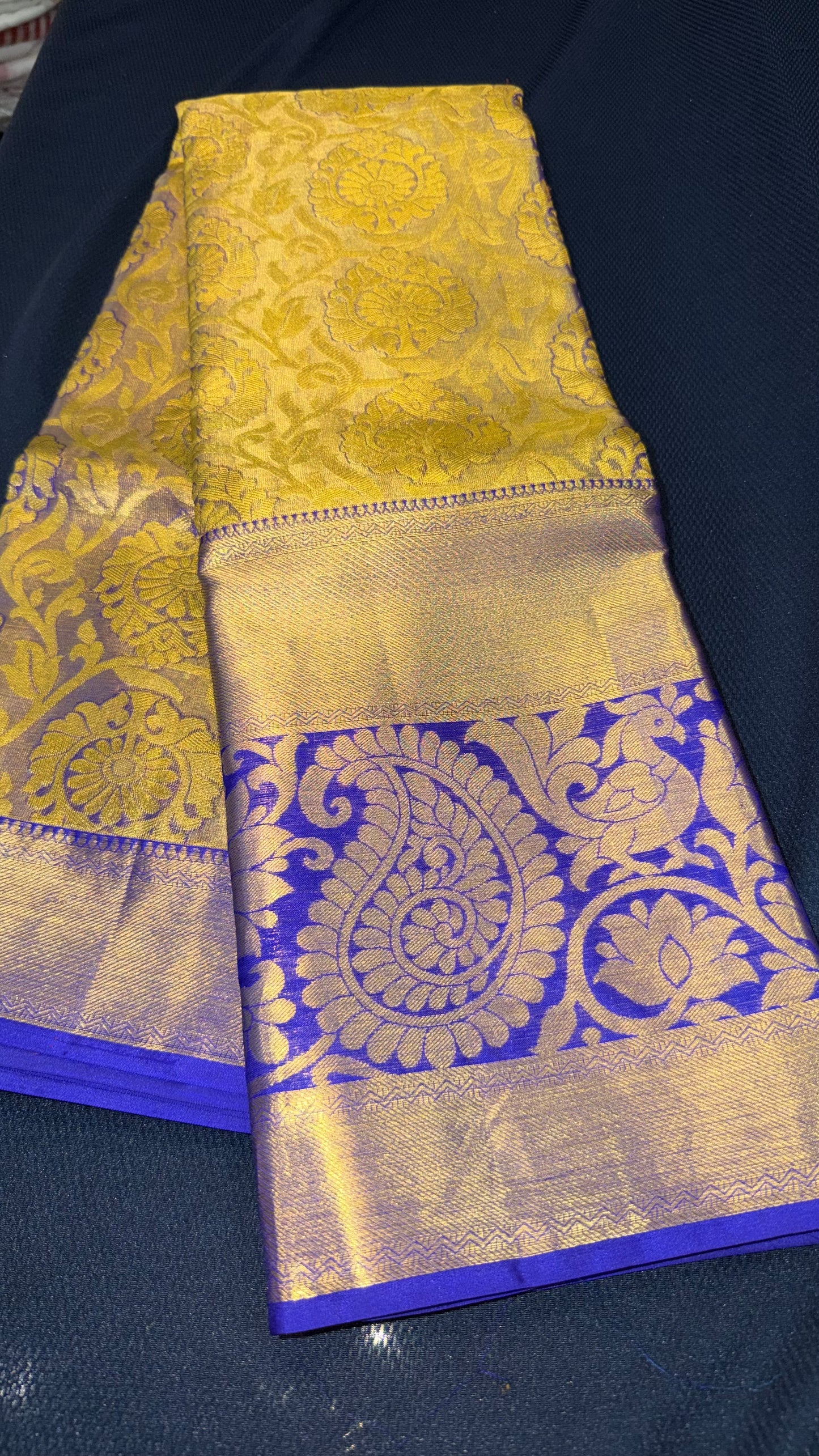 Kanchipuram Tissue Bridal Pure Silk Saree with Gold Zari Blue & Gold Sari| SPK097