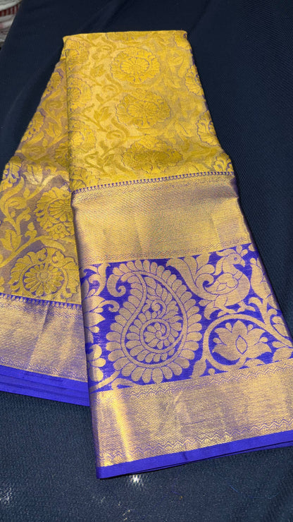 Kanchipuram Tissue Bridal Pure Silk Saree with Gold Zari Blue & Gold Sari| SPK097