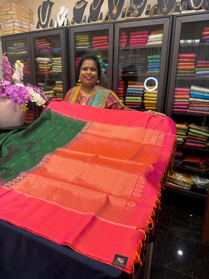 Kanchipuram Soft Silk Saree Pure Silk Sari Green Orange Colour | SS2