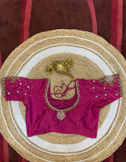 40” Size 10 Aari Worked Sari Blouse Indian Saree Top Silk Pink B79