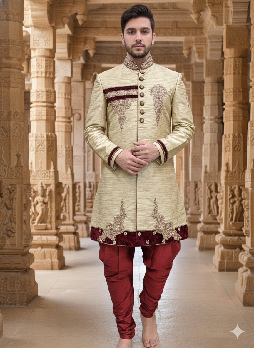 40” Large size Men’s Kurta Indian Gold & Maroon Sherwani Bollywood outfit M9