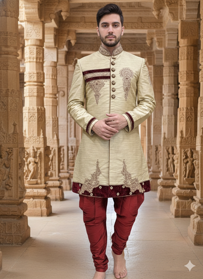 40” Large size Men’s Kurta Indian Gold & Maroon Sherwani Bollywood outfit M9