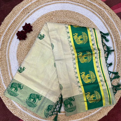 Turquoise Elephant Kerala Vishu Sari Indian Cream Tissue Saree C7