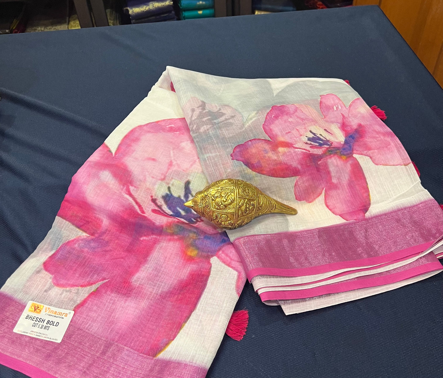 White & Pink Digital Printed Linen Sari Indian casual Saree C5