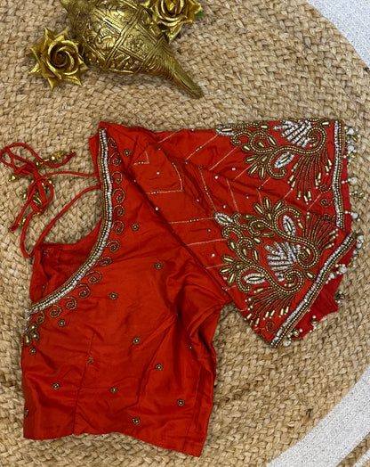 40” Size 10 Aari Worked Sari Blouse Indian Saree Top Silk Orangey Red B87