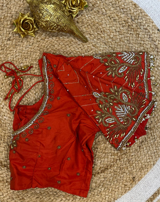 40” Size 10 Aari Worked Sari Blouse Indian Saree Top Silk Orangey Red B87