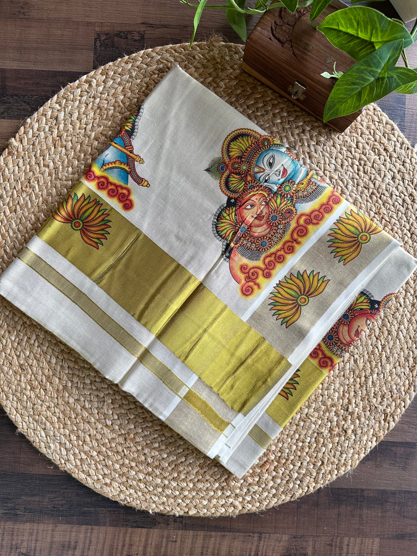 Kerala Vishu Sari Indian Cream Tissue hand Printed Onam Saree C7 - Col 6