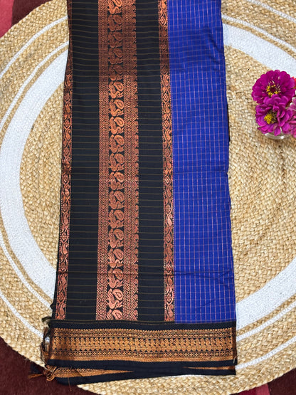 Kalyani checkered Silk Cotton Sari Indian Saree Blue & Black S6