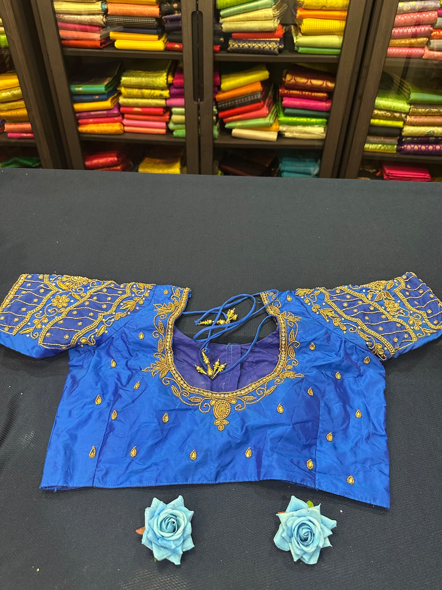 40” Aari hand Worked Sari Blouse Indian Top Choli Silk Blue B4