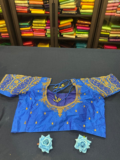 40” Aari hand Worked Sari Blouse Indian Top Choli Silk Blue B4
