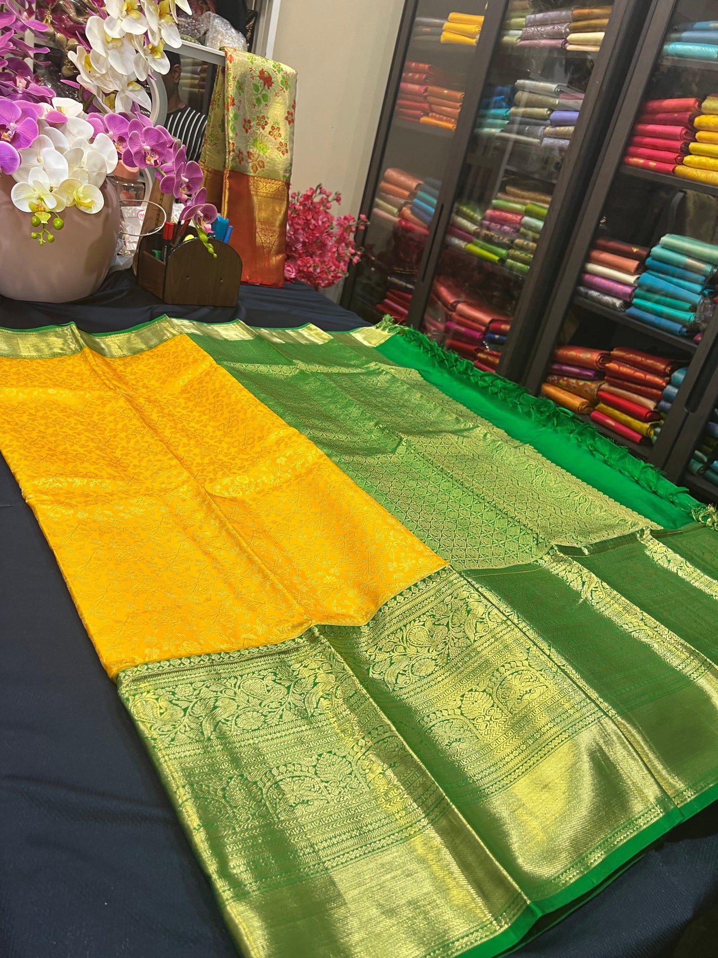 Kanchipuram Pure Silk Saree Yellow & Green Kanjivaram Sari| SPK087