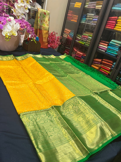 Kanchipuram Pure Silk Saree Yellow & Green Kanjivaram Sari| SPK087
