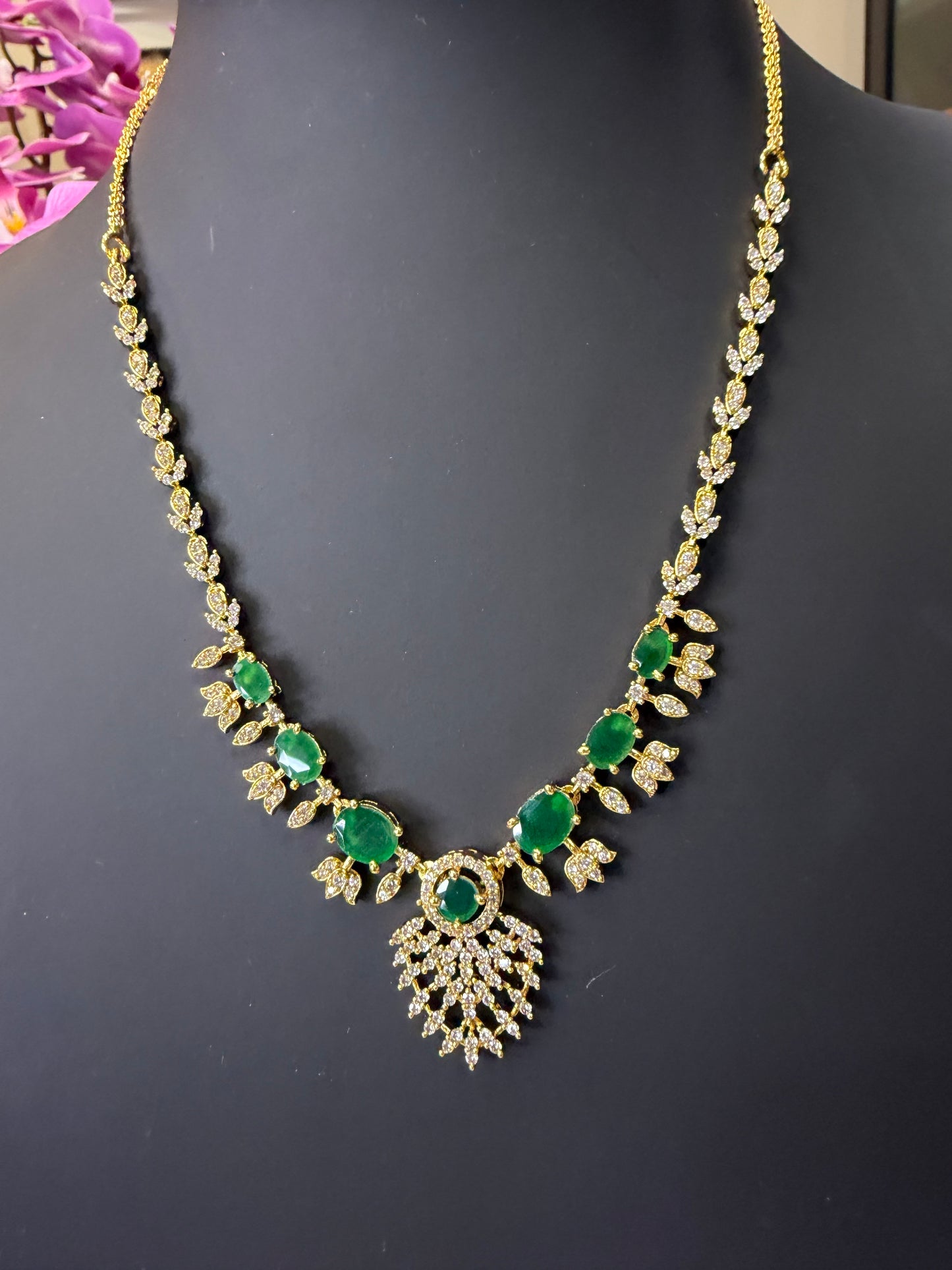 Indian Brass Necklace & Earrings Jewellery Set Green N67