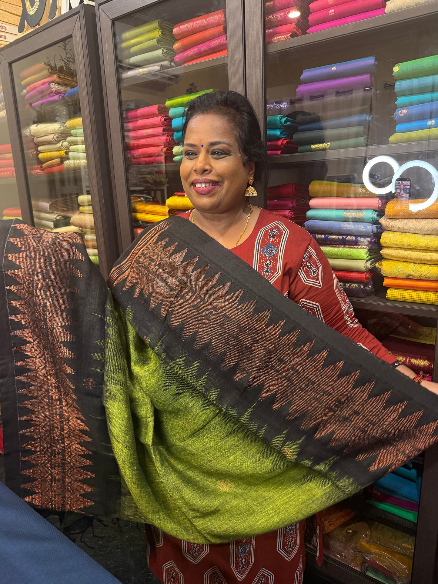 Silk Cotton Linen Sari Indian Saree Copper Jari Green Black S128