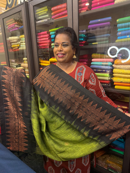 Silk Cotton Linen Sari Indian Saree Copper Jari Green Black S128