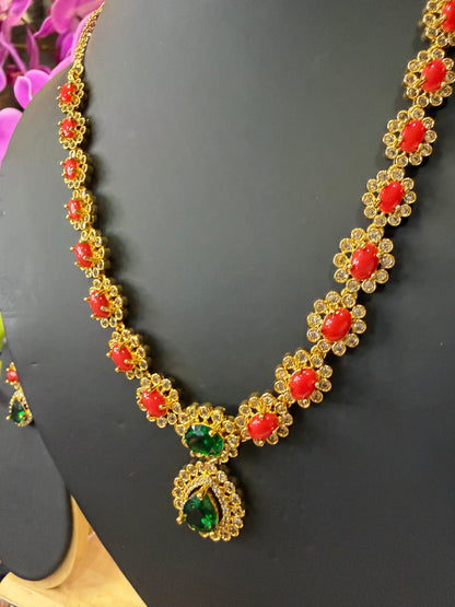 Indian Bridal Necklace & Earrings Jewellery Set Brass with Coral stone N55