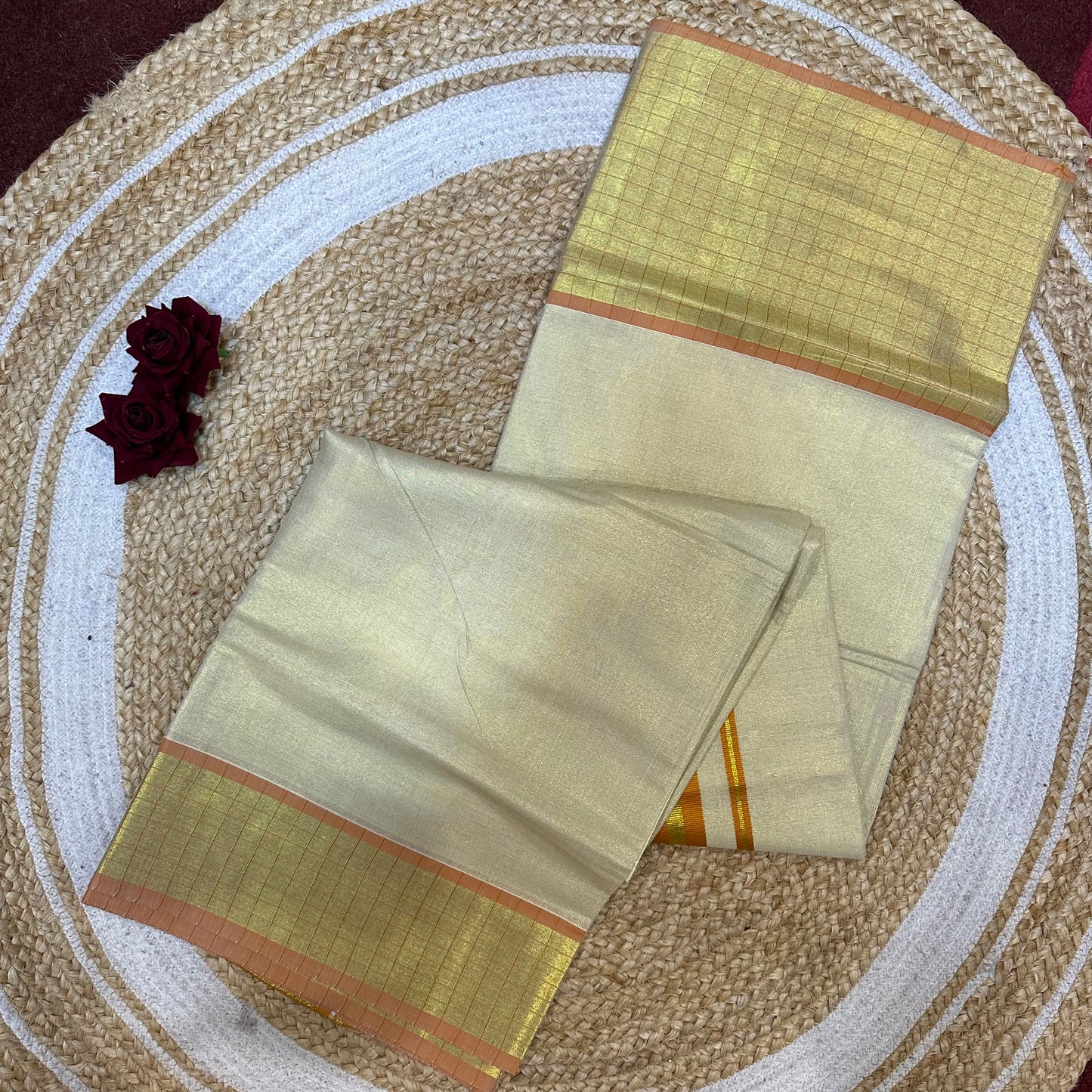 Red Kerala Vishu Sari Indian Cream Tissue Saree C35 - Col 7