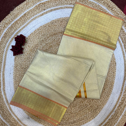 Red Kerala Vishu Sari Indian Cream Tissue Saree C35 - Col 7