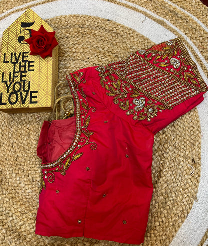 40” Bridal Aari hand Worked Sari Blouse Indian Top Choli Silk Red B37